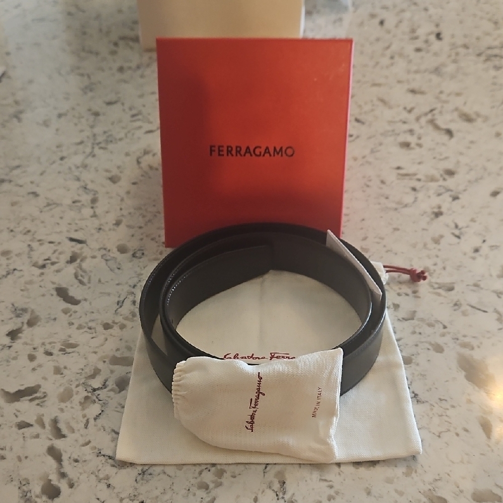 Ferragamo NWT Black Leather Belt With Gold And Silver Hardware- FULL Inclusion